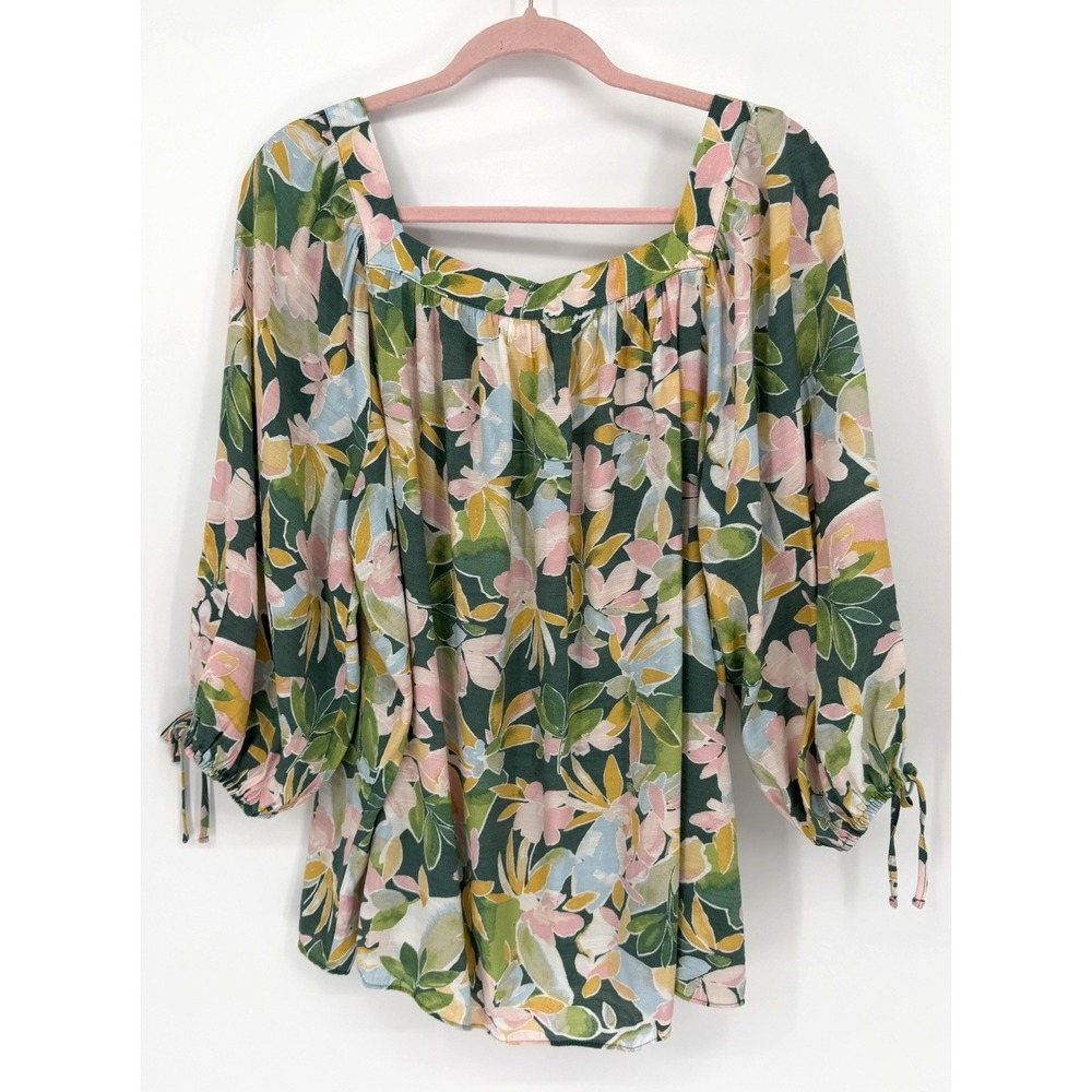 LC LAUREN CONRAD XL Long Sleeve Square Neck Tropical Blouse Coquette Feminine - Picture 1 of 7